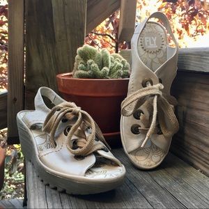 Fly London ylfa champagne lace up chunky wedge 38